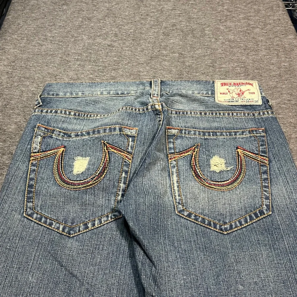 True Religion Bobby Big T Baggy Flared Jeans Blue Distressed Mens 34x34 y2k Keef